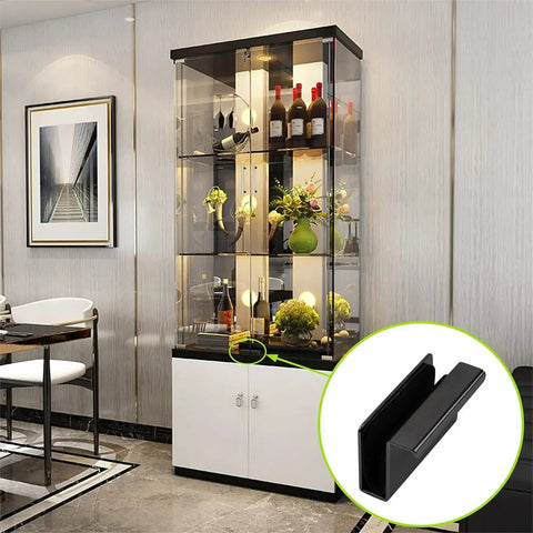 Showcase with black Glass Finger Edge Pull Set Four Pieces Non Magnetic For 5 To 6mm Thick Glass Cabinets in living room