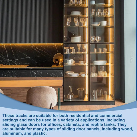 Image of a kitchen cabinet with glass doors and shelves, illustrating the Four Pack White Plastic Sliding Door Track Kit For One Quarter Inch Thick Panels Ideal For Sliding Glass Doors And Windows In Closets Or Cabinets Includes Upper And Lower Rails Two Feet Long.