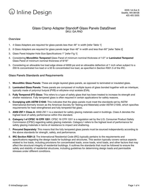 Glass clamp adapter standoff glass panels datasheet showcasing specifications and standards for panel use.