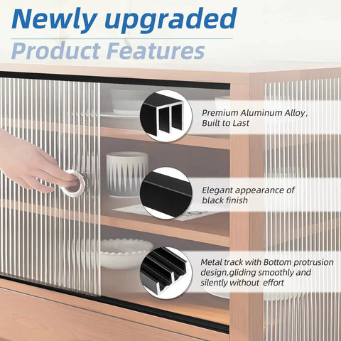 48 Inch Metal Sliding Door Track Set For Quarter Inch Panels Designed For Glass Closet Doors And Windows Rustproof Aluminum Rail With Smooth Quiet Operation And Easy Install Black Finish shown in use on cabinet with product features labeled.