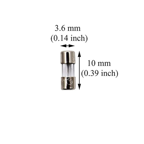 Fast-Blow Mini Fuse F2.5AL, 2.5A 125V Glass Fuse, 10 Pack, 0.39 x 0.14 Inch (10 x 3.6 mm), side view, with measurements.