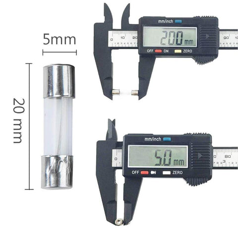 Must-Have Glass Fuse Assortment Pack, 300 Pcs, 5x20mm Fast-Blow Tubes, 250V, measurements with caliper shown