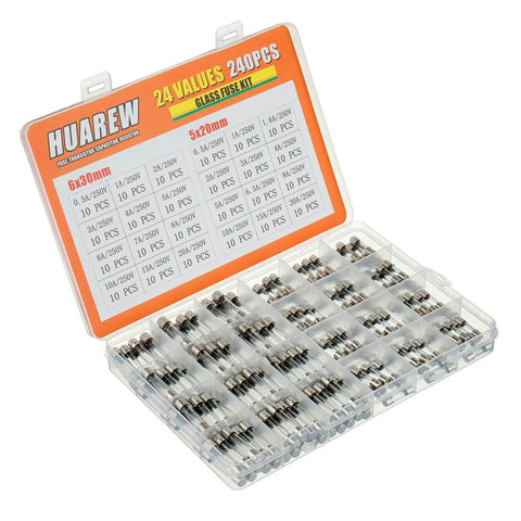 Fast Blow Glass Fuse Assortment Kit, 240 Pcs, 5x20 And 6x30 Mm Fuses, 250 V, transparent case displaying organized fuses