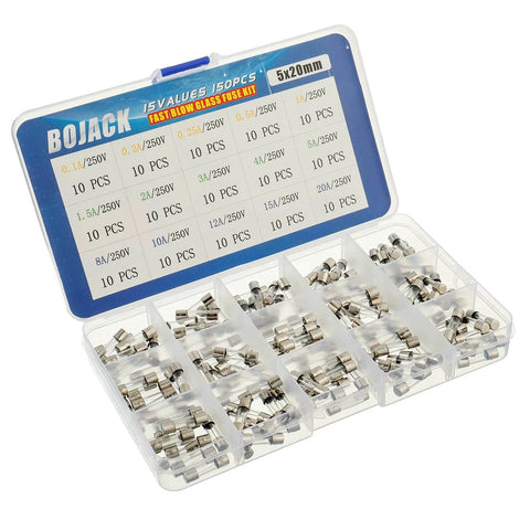 Open box displaying 150-piece assortment of 5x20mm glass fuses in Inline Fuse Holder Kit With 16 AWG Red Wire And 5x20mm Glass Fast Blow Fuses, 150 Piece Assortment Including 10 Holders, 0.1A To 20A In 15 Values, 250V Rating, Dope DIY Fuse Kit For Projects And Repairs.