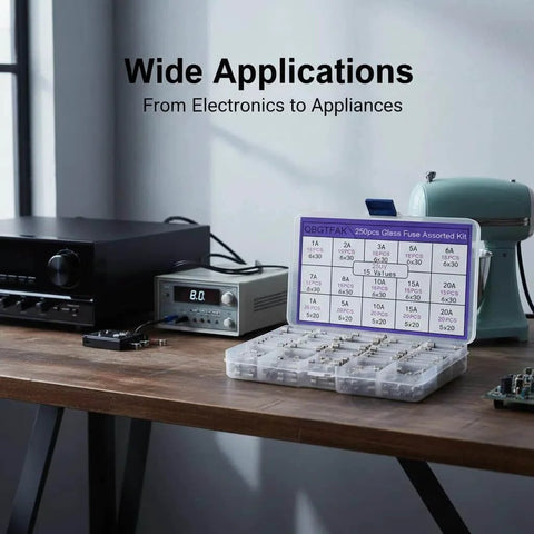 Must-Have Glass Fuse Kit With Fast Blow Fuses In 6x30mm And 5x20mm Sizes, neatly organized in a clear box on a table with electronics.