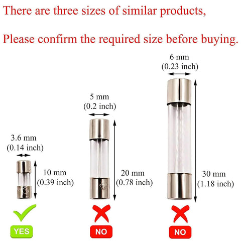 Comparison of Fast-Blow Mini Fuse F2.5AL, 2.5A 125V Glass Fuse, 10x3.6mm, with larger fuse sizes 5x20mm and 6x30mm.