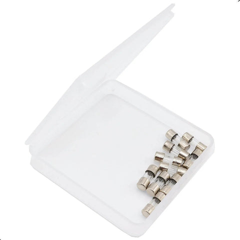 Fast-Blow Mini Fuse F2.5AL, 2.5A 125V Glass Fuse, 10 Pack open in clear box packaging