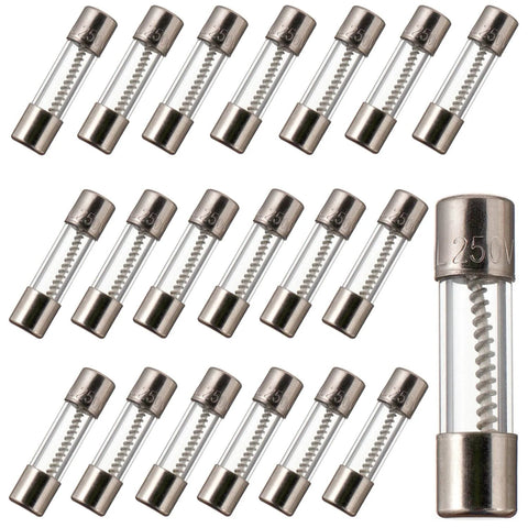 2A 250V Slow Blow Glass Fuses T2AL250V 5x20mm Time Delay Pack Of 20 For Electronics Repair And DIY Projects visible in arrangement