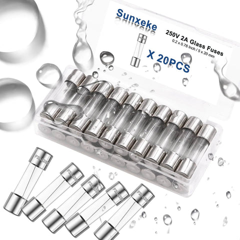 20 Pack Fast Blow Glass Fuses F2AL 250V 2A 5x20mm in transparent case with clear glass construction