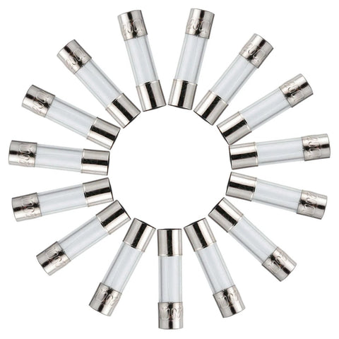 Fast Blow Glass Fuse Assortment Kit, 200 Pcs, Mixed 5x20mm And 6x30mm Fuses, 250V, 1A To 20A Range, 15 Fuse Types, displayed in circle