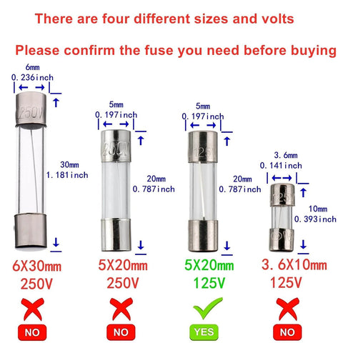 Fast Blow Glass Fuses 5x20 Mm 5A 125V Pack Of 10 In Durable Plastic Storage Case diagram showing size and electrical specifications.