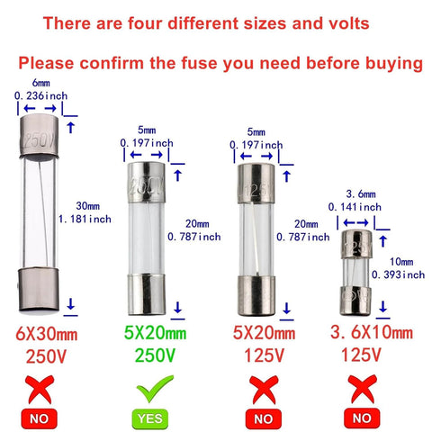 Comparison of glass fuses in various sizes and voltages, highlighting Fast Blow Glass Fuses 5A 250V 5x20mm Pack Of 20 With Plastic Storage Case.