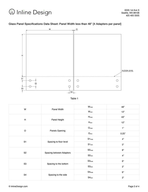 Glass panel specifications sheet for 2 Inch AISI 304 Grade Stainless Steel Glass Clamp Standoffs Pack Of 2 Black Matte Powder Coat Finish.