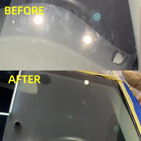 Before and after using high-purity cerium oxide glass polishing powder, 99% purity with 7-9µm particles on a windshield.