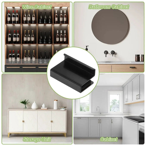 Two Pack Glass Finger Edge Pull Handles 1.57 Inch Length For Glass Thickness 0.16 To 0.24 Inch displayed in various cabinet types.