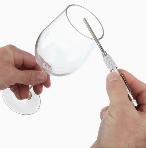 Compact blue handle glass repair file with carbide steel and diamond grit; retractable 5.42 inch design smoothing a wine glass edge
