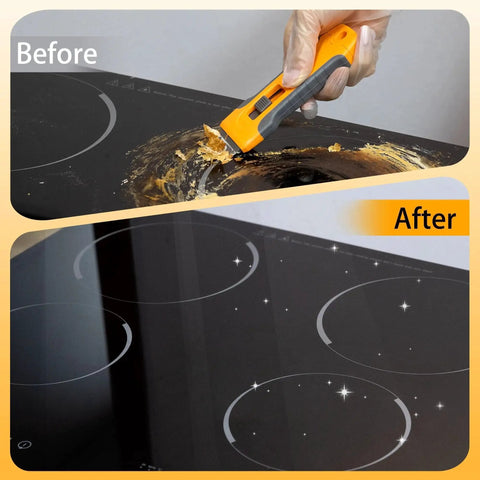 Razor Blade Scraper Tool With 15 Extra Blades For Glass Cleaning And Paint Removal On Glass Surfaces Ideal For Stovetops And Oven Doors Non Scratching Durable Handle Delivers A Rock Solid Grip And Easy Use For Removing Sticky Labels Without Damaging Glass in use, before and after cleaning stovetop.