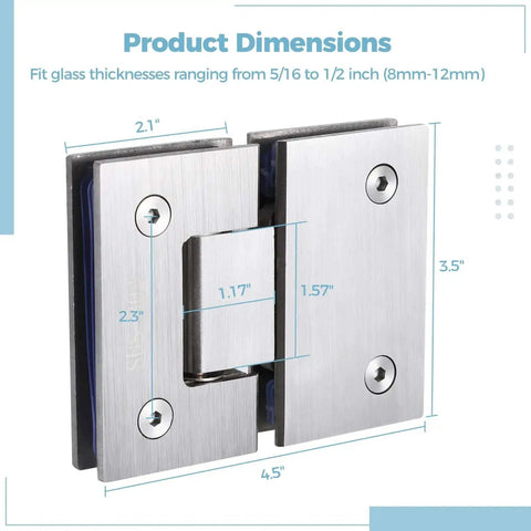 Two Pack 180 Degree Glass Shower Door Hinges For Frameless Glass To Glass Install Fits 8mm To 12mm Thick Glass with dimensions shown