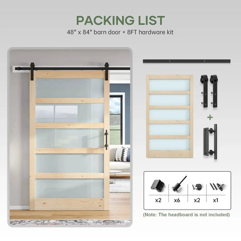 Glass Sliding Barn Door Slab 48 By 84 Inches With Eight Foot Hardware Kit Included Five Panel Frosted Glass Spruce Wood Support