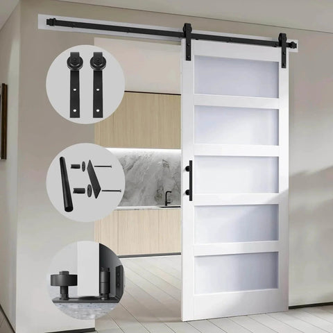 36in x 84in Glass Sliding MDF Barn Door with 6.6FT Sliding Door Hardware Kit installed, 5 Tempered Frosted Glass, PVC Surface