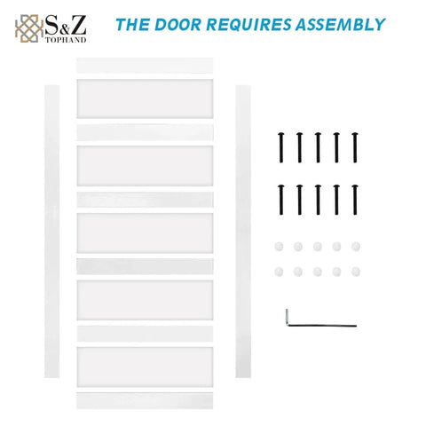 Assembly layout of 36in x 84in Glass Sliding MDF Barn Door with 6.6FT Sliding Door Hardware Kit and 5 Tempered Frosted Glass