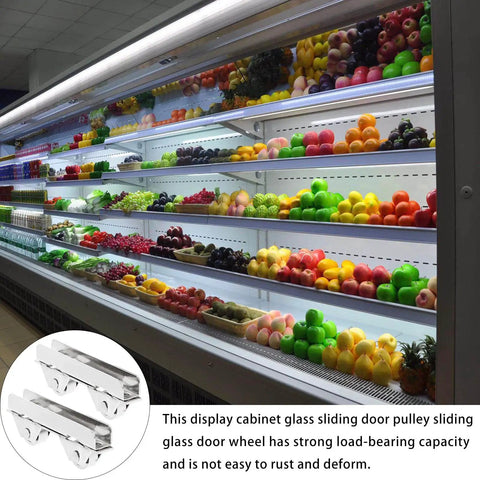 Sliding Door Roller Assembly With Nylon Wheel And Roller Stopper For Heavy Load Glass Showcases And Cabinet Doors Includes Floor Guide For Easy Installation And Smooth Low Noise Glide shown installed in display cabinet