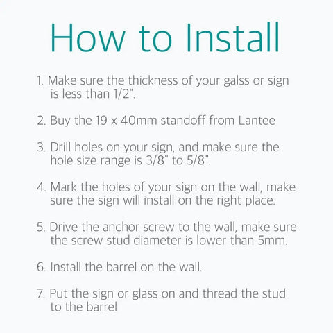 Installation guide for Stainless Steel Glass Standoff Screws Set, twenty pack, Lantee brand hardware for glass signs.
