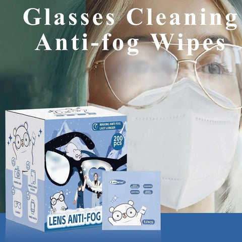 Box of Anti Fog Lens Wipes 200 Count Pre Moistened Glasses Screen Cleaner Portable near person wearing glasses