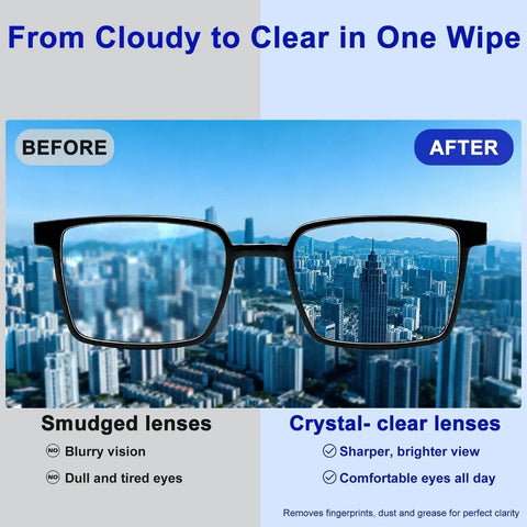 Glasses showing before and after use of Individually Wrapped Microfiber Lens Wipes For Glasses Sunglasses And Cameras