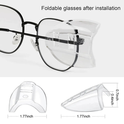 Glasses Side Shields for Eye Protection TPU Shields for Small to Medium Eyewear, attached to eyeglasses, with size dimensions.