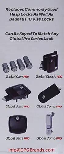Upgrade your old style hasp latch with a rugged Black Global Bar PRO Cambar Latch, featuring various Global Cam PRO and Global Versa PRO lock options displayed.