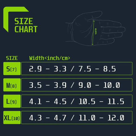 Size chart for Black Nitrile Gloves 4 Mil Latex Free Powder Free Large Pack Of 100, showing measurements in inches and centimeters.