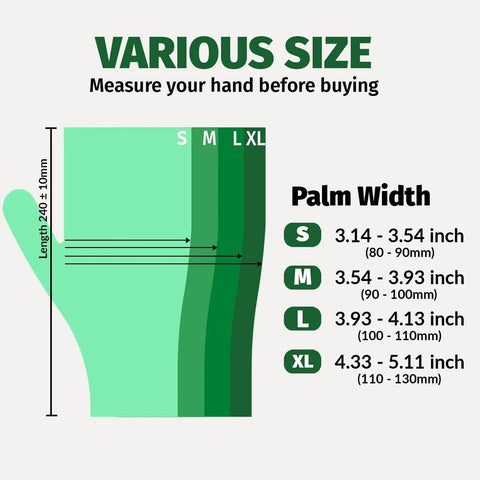 Size chart for Heavy Duty Vinyl Gloves Latex Free Powder Free Medium Size 100 Count Food Safe, showing palm width dimensions.