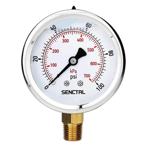 0-100 Psi Glycerin Liquid Filled Low Pressure Gauge, 2.5" Dial Size, 1/4" NPT Lower Mount, Stainless Steel Case