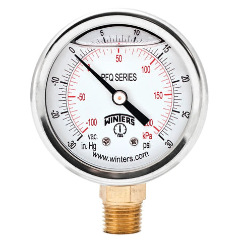 Winters 2-1/2 in dial pressure gauge, liquid-filled, brass internals, 304SS case, bottom 1/4" NPT, dual scale 30 inHg/0-30 psi/kPa