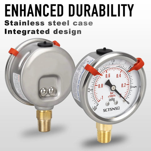 SCTSNSR vacuum gauges, two, 2.5 in dial, glycerin-filled, stainless case, 1/4 in NPT lower mount, -30 to 0 inHg, HVAC