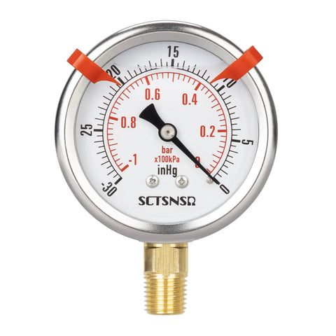 SCTSNSR glycerin-filled vacuum gauge, 2.5 in dial, -30 to 0 inHg, 1/4 in NPT lower mount, stainless steel case, for HVAC