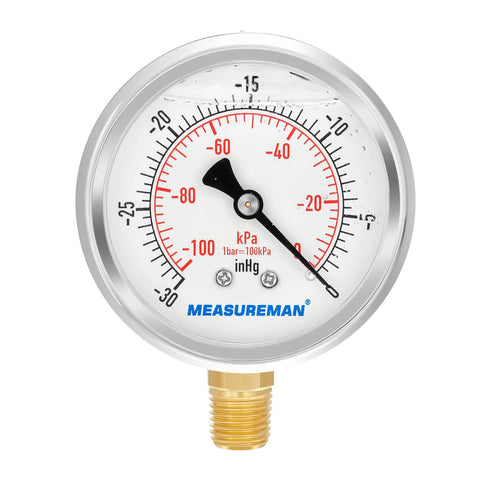 MeasureMan 2-1/2-inch glycerin-filled vacuum gauge, stainless steel case, brass internals, 1/4 in NPT lower mount