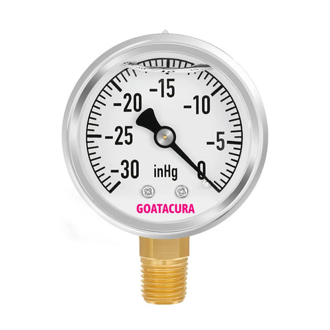 GOATACURA glycerin-filled vacuum pressure gauge, 2-inch dial, stainless steel case, brass 1/4 in NPT lower mount.