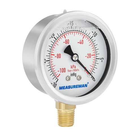 MEASUREMAN 2-1/2 in glycerin-filled vacuum gauge, stainless steel case, brass internals, 1/4 in NPT lower mount