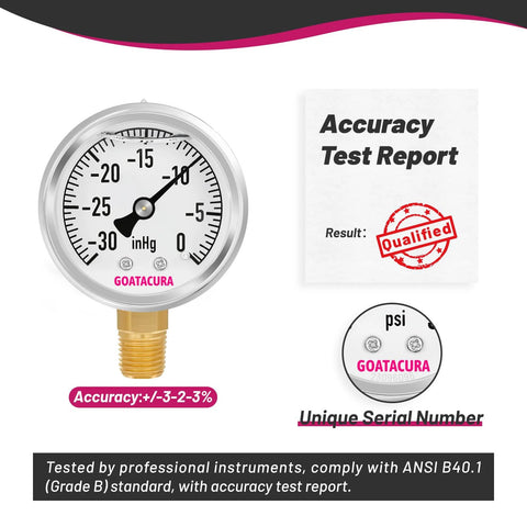 GOATACURA glycerin-filled vacuum pressure gauge, 2-inch dial, 304 stainless steel case, 1/4-inch NPT lower mount, high accuracy
