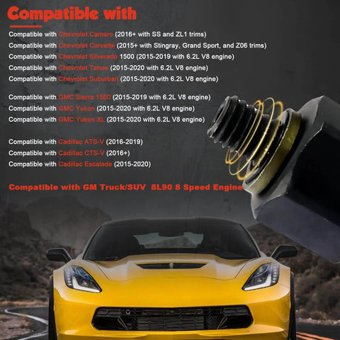Transmission Oil Fill Adapter For GM 8L90 8 Speed Transmissions shown with compatible vehicle list and yellow car