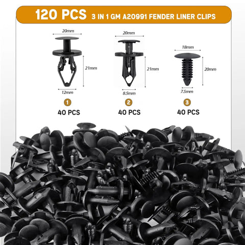3 In 1 GM Fender Liner Clips And Push Pin Kit 40 Pc Replacement Fasteners For Inner Wheelwell Bumper And Under Hood Panels