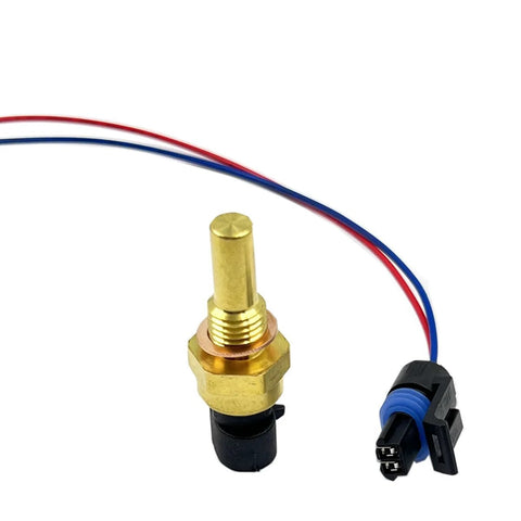 Engine coolant temperature sensor with pigtail; brass body, black base, red and blue wires to a 2-pin connector.