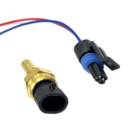 Engine coolant temperature sensor with pigtail connector; brass sensor body, black tip, blue seal, red/blue wires