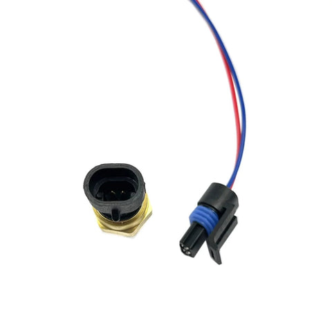 Engine coolant temperature sensor with pigtail connector; brass body, black cap, blue seal.