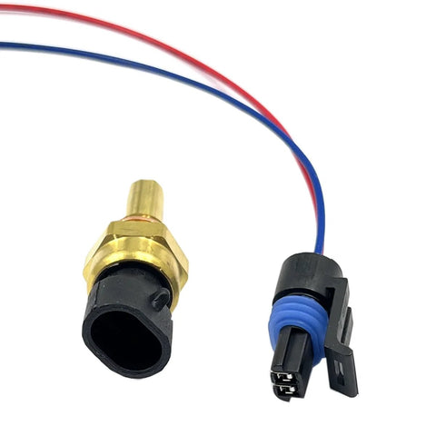 Engine coolant temperature sensor with pigtail connector; brass sensor and blue rubber boot on 3-pin plug.