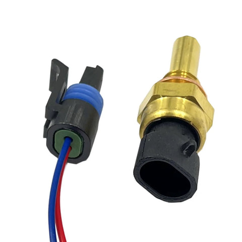 Engine coolant temperature sensor with pigtail; brass sensor with black housing and blue/red wires (2 pieces shown).