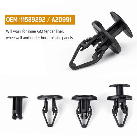 3 In 1 GM Fender Liner Clips And Push Pin Kit 40 Pc Replacement Fasteners For Inner Wheelwell Bumper And Under Hood Panels Directly Replaces OEM 11589292 A20991 21030249 On GMC Buick Trucks, with various clip types visible.