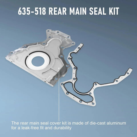 Rear Main Seal Kit For GM V8 Engines 4.8L 5.3L 6.0L 6.2L Fits Chevy Tahoe Suburban Silverado Express Avalanche Cadillac Escalade GMC Yukon Sierra Savana Replacement Replaces 635518 12633579 12639250 shown with die-cast aluminum cover and gasket.